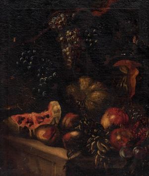 Grapes, pumpkins, pomegranates, watermelon and other fruits on a stone table