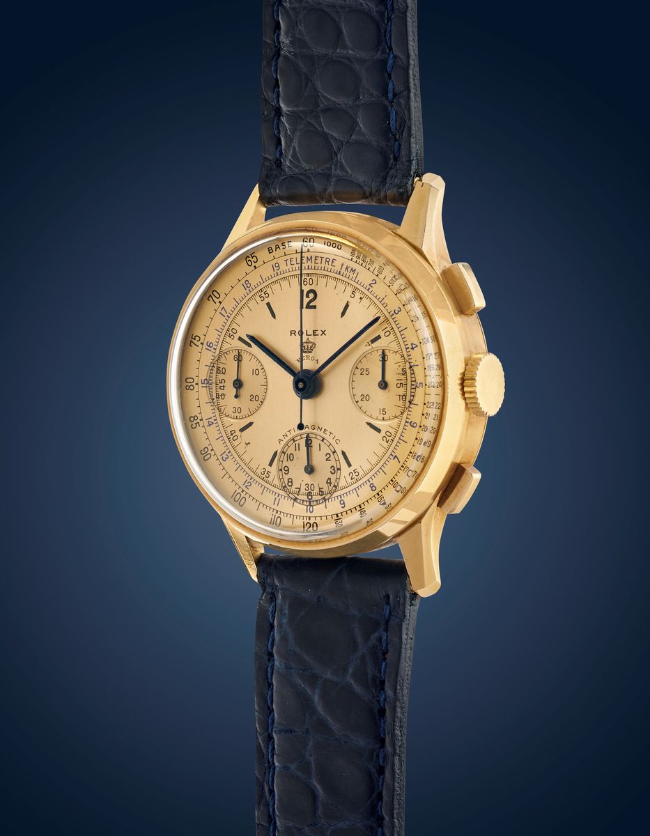 Cronografo Rolex referenza 3802 personalizzato per Verga, oro 18k, anni '40