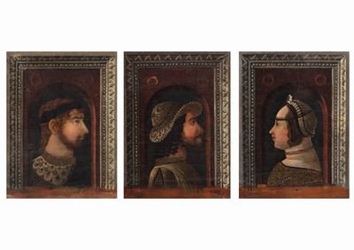 Due Ritratti di Gentiluomini e un Ritratto di Gentildonna (probabilmente Bona di Savoia, Duchessa...