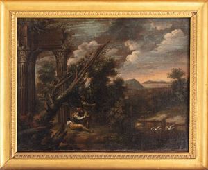 River landscape with travelers and ancient ruins