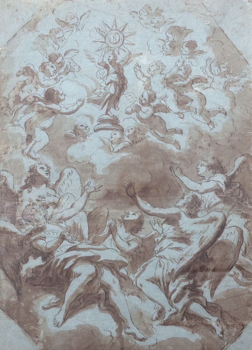Scuola Romana, Secolo XVII - Studio per Affresco con Adorazione del Nome di Gesù