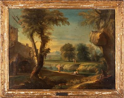 Paesaggio con Lavandaie e Viandanti Presso un Fiume e Casolare