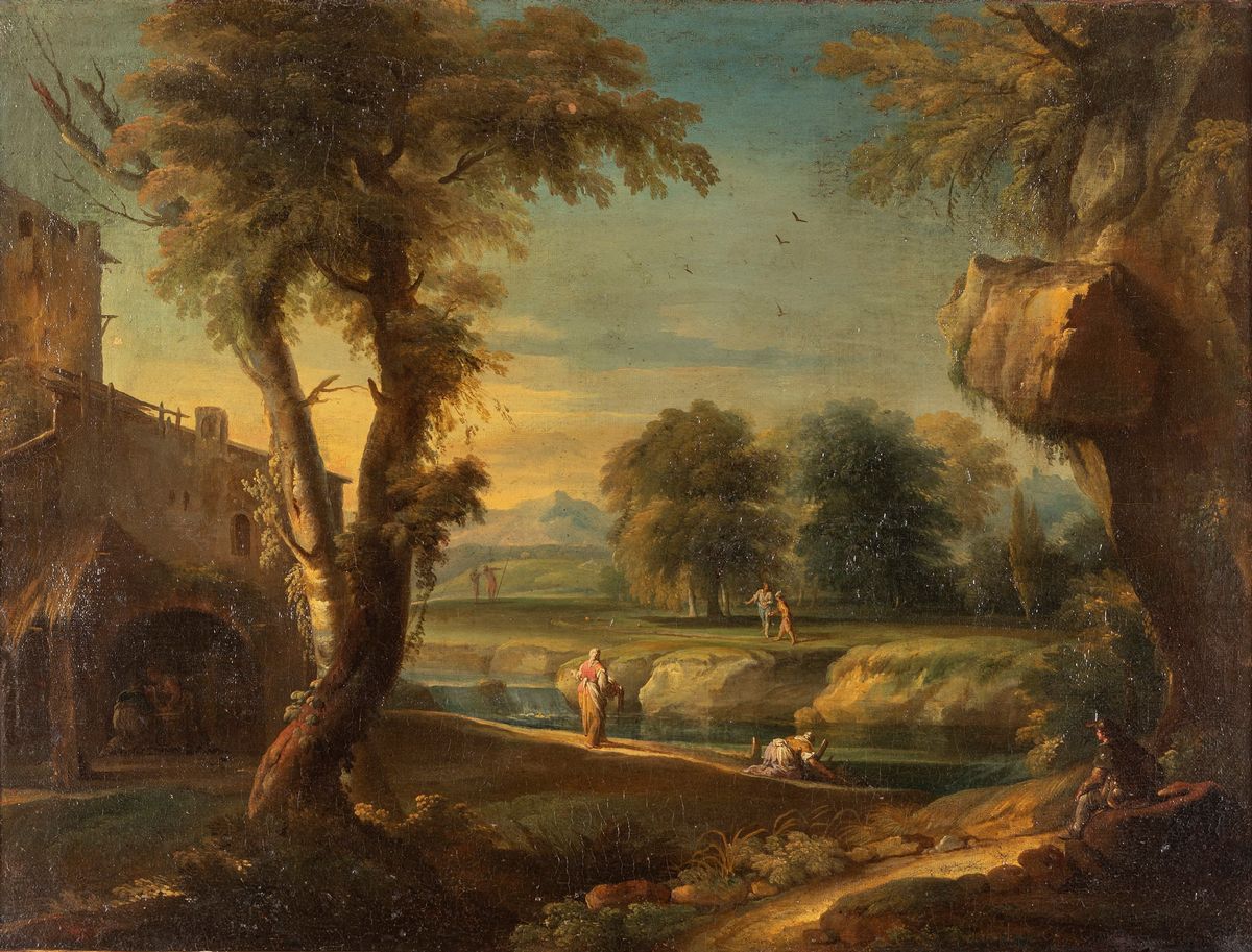 Scuola Veneta, Secolo XVIII - Paesaggio con Lavandaie e Viandanti Presso un Fiume e Casolare