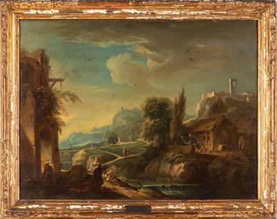 Paesaggio con Viandanti Presso un Fiume, Rovine, Casolare e Castello sullo Sfondo