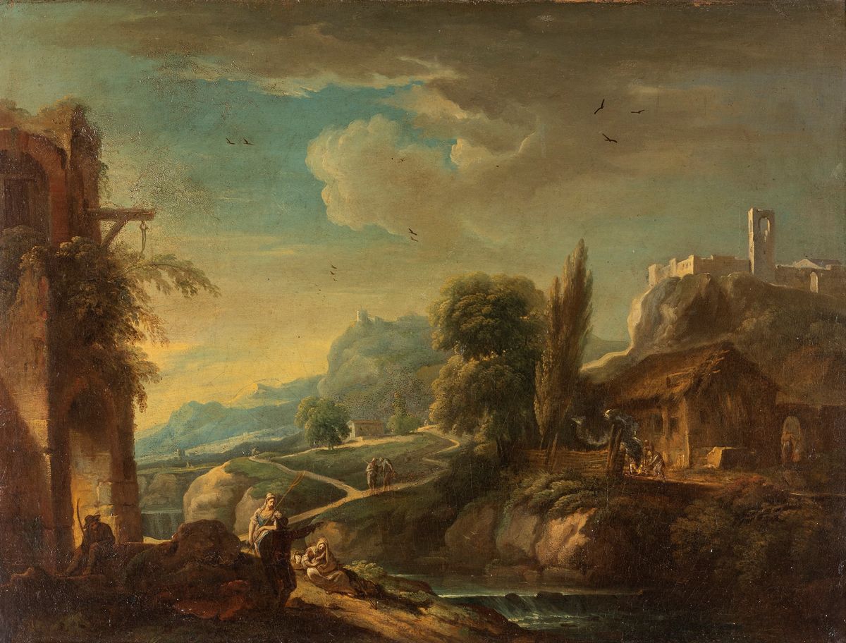Scuola Veneta, Secolo XVIII - Paesaggio con Viandanti Presso un Fiume, Rovine, Casolare e Castell...