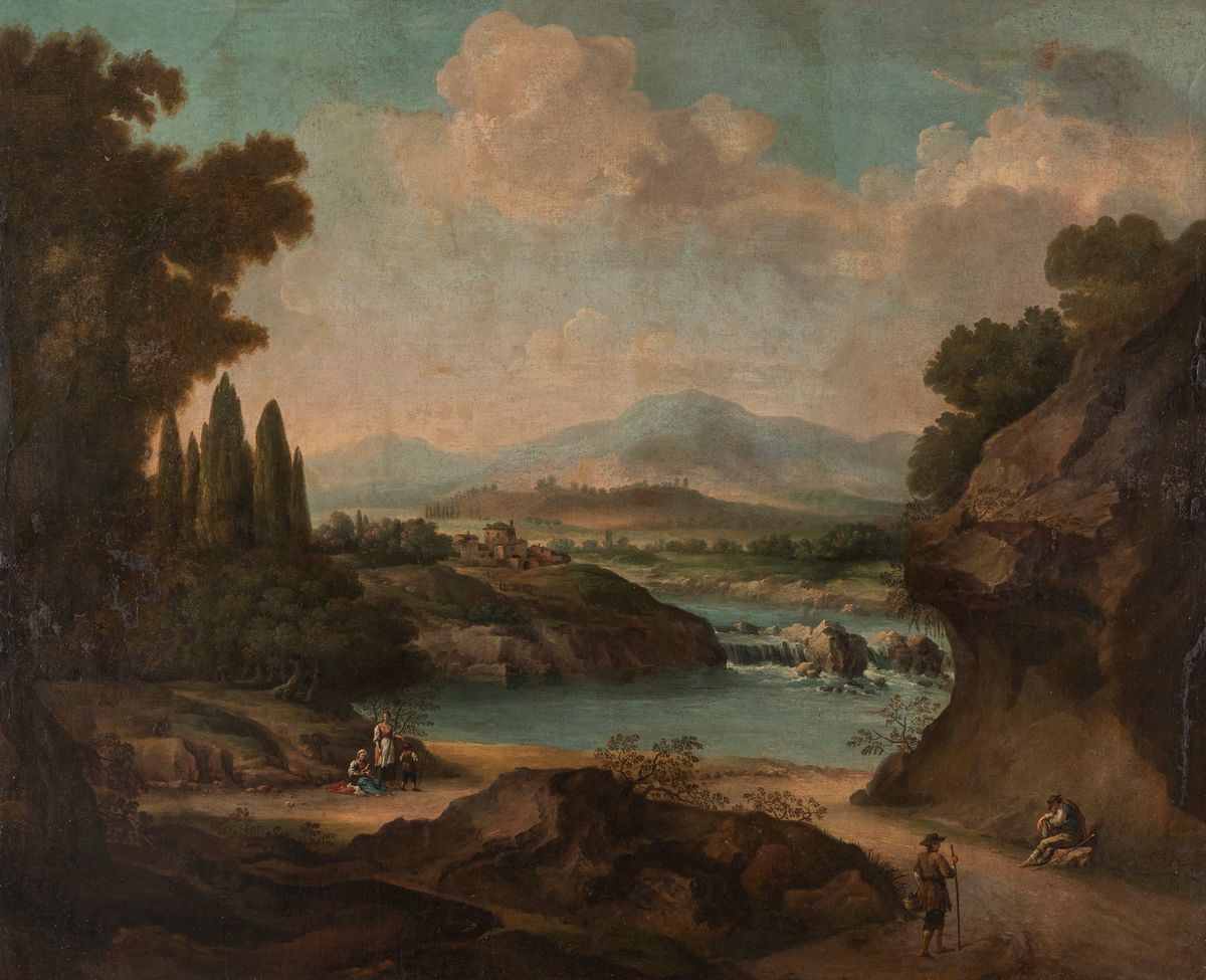 Scuola Romana, Fine Secolo XVII - Inizi Secolo XVIII - Paesaggio Fluviale con Viandanti a Riposo ...