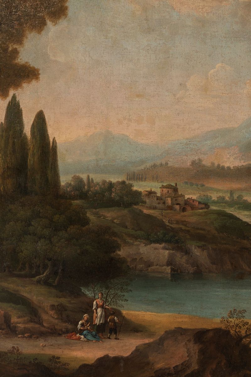 Scuola Romana, Fine Secolo XVII - Inizi Secolo XVIII - Paesaggio Fluviale con Viandanti a Riposo ...
