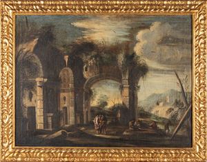 Architectural capriccio with wayfarers and a river