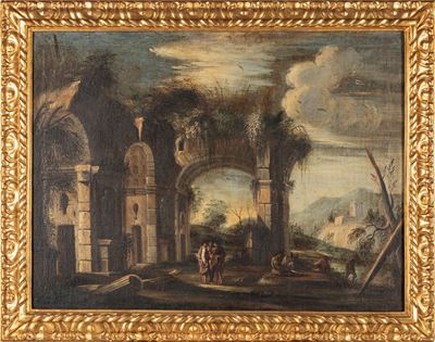 Capriccio Architettonico con Viandanti e Corso D'acqua