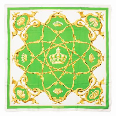 Julie Abadie, Foulard Crown, seta verde mela su sfondo panna, 1969
