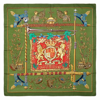 Françoise de la Perrière, Foulard 'Dieu et mon Droit', seta, verde muschio, 1961