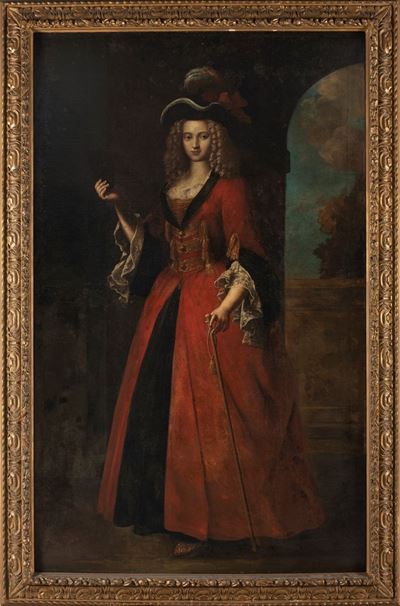 Ritratto di Dama, a Figura Intera, in Abito Rosso con Paesaggio sullo Sfondo