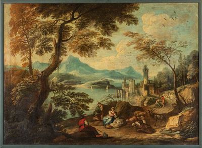 Paesaggio Fluviale con Pastori a Riposo e Armenti, Castello sullo Sfondo