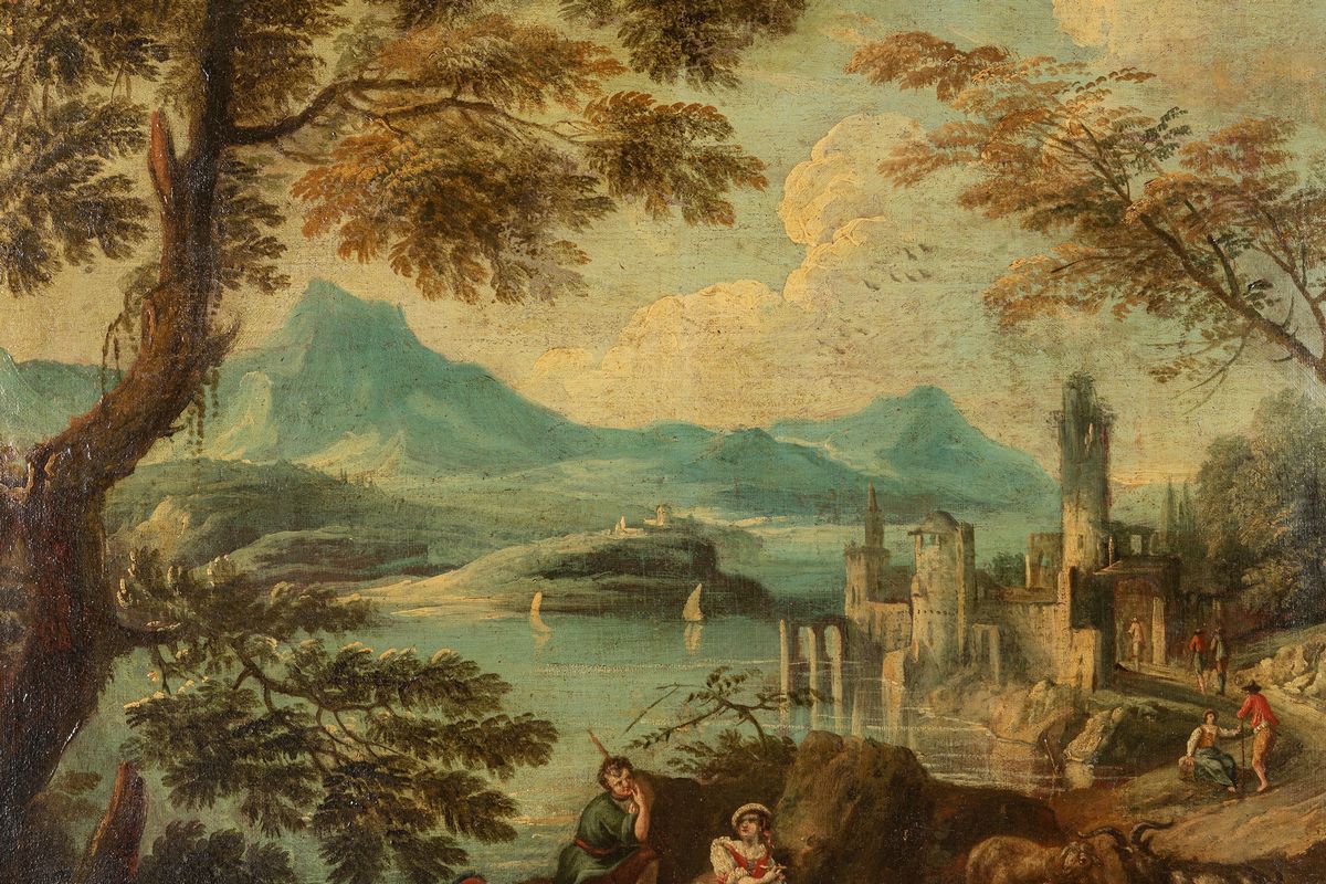 Scuola Veneta, Fine Secolo XVIII - Inizi Secolo XIX - Paesaggio Fluviale con Pastori a Riposo e A...
