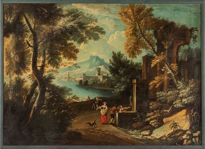 Paesaggio Fluviale con Viandanti in Sosta, Castello sullo Sfondo