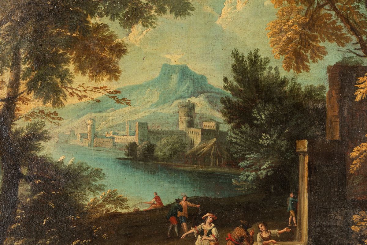 Scuola Veneta, Fine Secolo XVIII - Inizi Secolo XIX - Paesaggio Fluviale con Viandanti in Sosta, ...