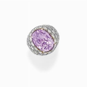 Anello in oro bianco 18k, diamanti e corindone rosa