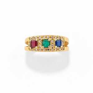 A 18k yellow gold, colored and uncolored synthetic gemstones ring, defects