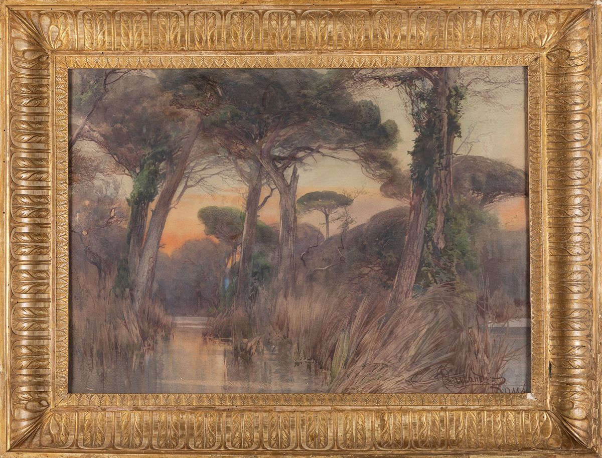 Onorato Carlandi - "tramonto nella Foresta di Castel Fusano"
