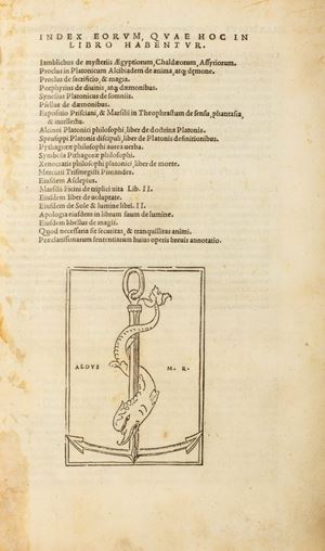 Index eorum, quae hoc in book habentur ... de mysteriis Aegyptiorum, Chaldaeorum, Assyriorum. Proclus in platonicum Alcibiadem de anima, atque daemon ... Porphyrius de divinis, atque daemonibus. Synesius Platonicus de somniis. Psellus de daemonibus. expos