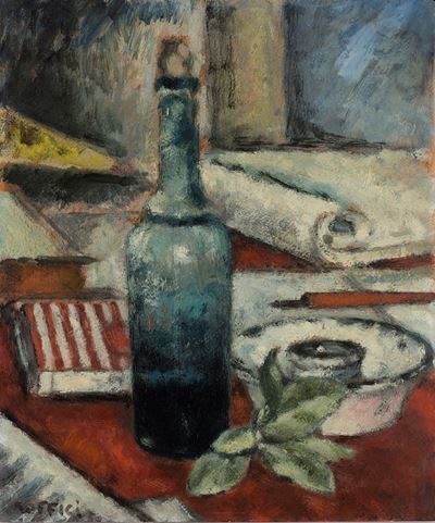 Bottiglia con foglie, olio su cartone