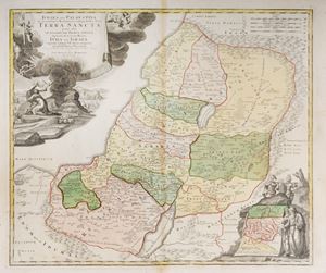 Judæa seu Palæstina ob sacratissima Redemtoris vestigia hodie dicta Terra Sancta prout olim in duodecim tribus divisa, seperatis ab invicem Regnis Iuda et Israel expressis in super VI. ultimi temporis ejusdem Terræ Provinciis.