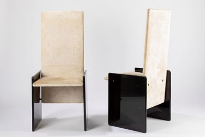 Set di quattro sedie in legno laccato nero e velluto color ghiaccio, 1969