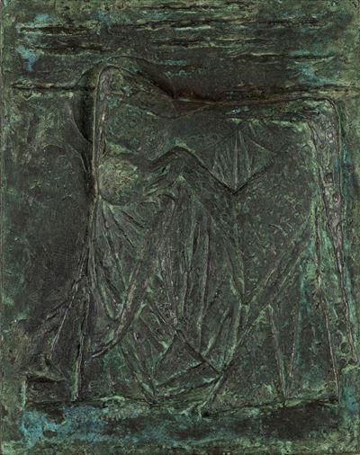 Madonna, bassorilievo in bronzo su pannello di legno