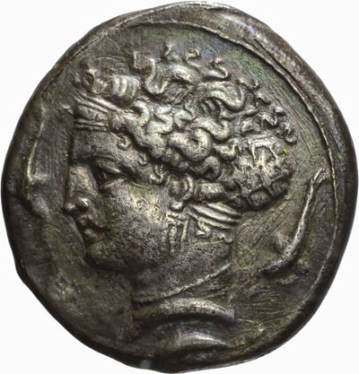 Tetradramma con testa di ninfa e delfini, emissione 400-397 a.C.