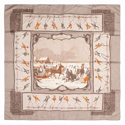 Hugo Grygkar, Foulard Les plaisirs du froid, seta su fondo color caffelatte, 1990