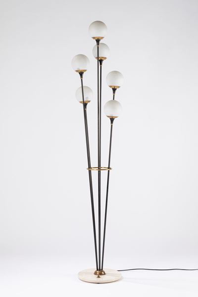 Lampada da terra a sei luci, metallo, marmo e ottone, 1960 ca.