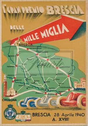 Cartolina 1° Gran Premio Brescia delle Mille Miglia, percorso a colori