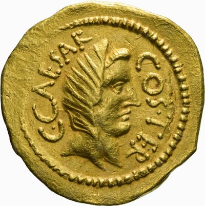Giulio Cesare, Aureo, 46 a.C., testa femminile velata
