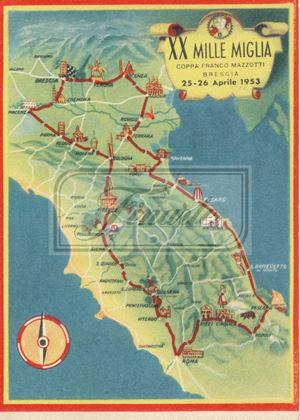 Postcard of the XX Mille Miglia from 1953 with XX 1000 Miglia with stamp, color route