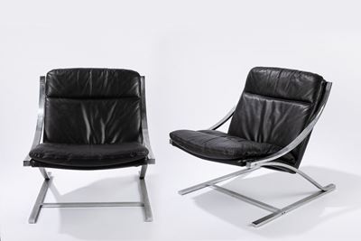 Zeta Chairs, coppia di poltroncine in acciaio cromato e pelle, 1968
