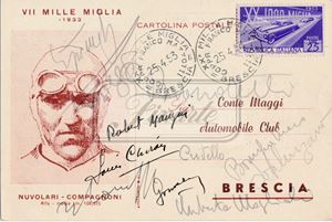 Postcard from the XX Mille Miglia of 1953, signed by Louis Chiron, Umberto Maglioli, Piero Taruffi, Luigi Valenzano, Clemente Biondetti, etc.