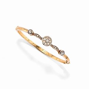  - Bracciale in argento, oro giallo 18k, diamanti e pietre incolori sintetiche, inizio XX secolo