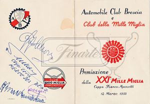 Menu of the awards ceremony of the XXI Mille Miglia Franco Mazzotti Cup 12/03/1955, signed by Enzo Ferrari, Luigi Villoresi, Giovanni Bracco, Consalvo Sanesi, Alfred Neubauer