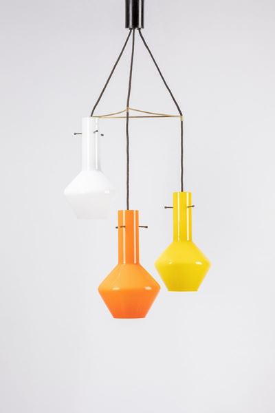 Sospensione, lampada a tre luci in vetro colorato e metallo
