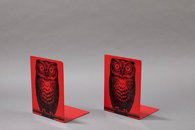 Coppia di fermalibri con decorazione di gufo, serigrafia su metallo