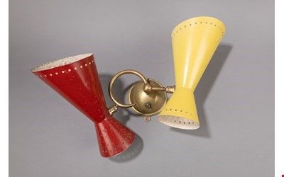 Robert Mathieu (attr.) - Coppia di lampade da muro in alluminio verniciato e ottone, produzione f...