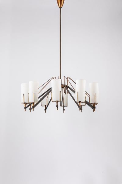 Lampadario a dieci luci, legno, ottone e metallo, circa 1960
