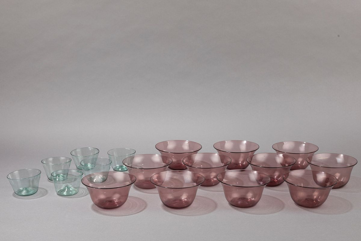 Vittorio Zecchin - Set di coppe in vetro soffiato rosa e verde
