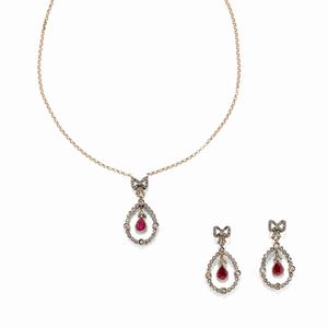 A silver, 14k yellow gold, ruby and diamond demi parure