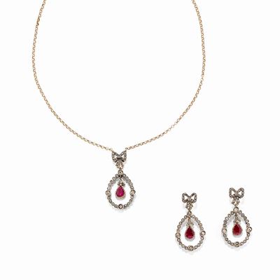 Demi Parure in Argento, Oro Giallo 14k, Rubini e Diamanti