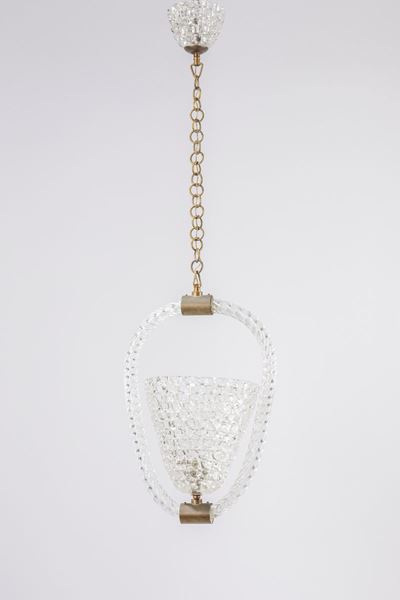 Lampadario in vetro a tessere trasparenti e struttura in ottone, circa 1940