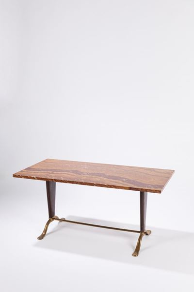 Tavolino, base in ottone e legno con piano in marmo, circa 1950