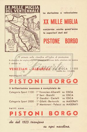 Advertising flyer for the Trentennale Pistoni Borgo, Mille Miglia, Ventennale 953