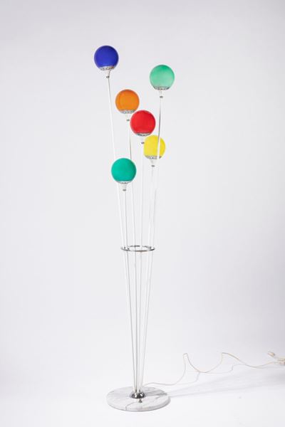 Lampada da terra in metallo con base in marmo e dettagli in ottone, circa 1960