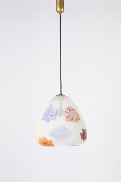 Sospensione in vetro pulegoso con inserti floreali colorati